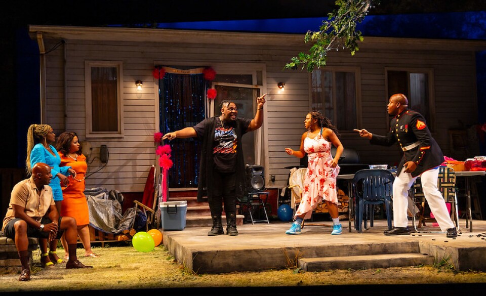 The cast of "Fat Ham" performs at the Calderwood Pavilion