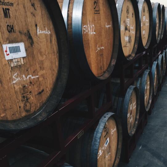 Barrels at Mystic Brewery in Chelsea.