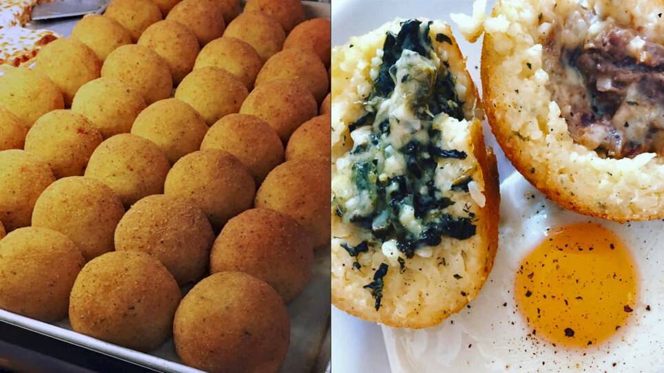 left: bova's Bakery Arancini (Rice Balls). right: Spinach Arancini, and Cheese Steak Arancini with a Fried Egg.