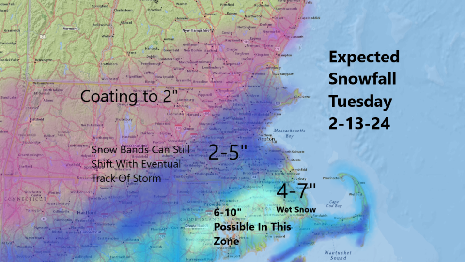 A gradient map shows approximate snowfall amounts in New England, from 6-10 inches around Providence to just 2-5 inches in Boston, and a coating of snow for western Massachusetts.