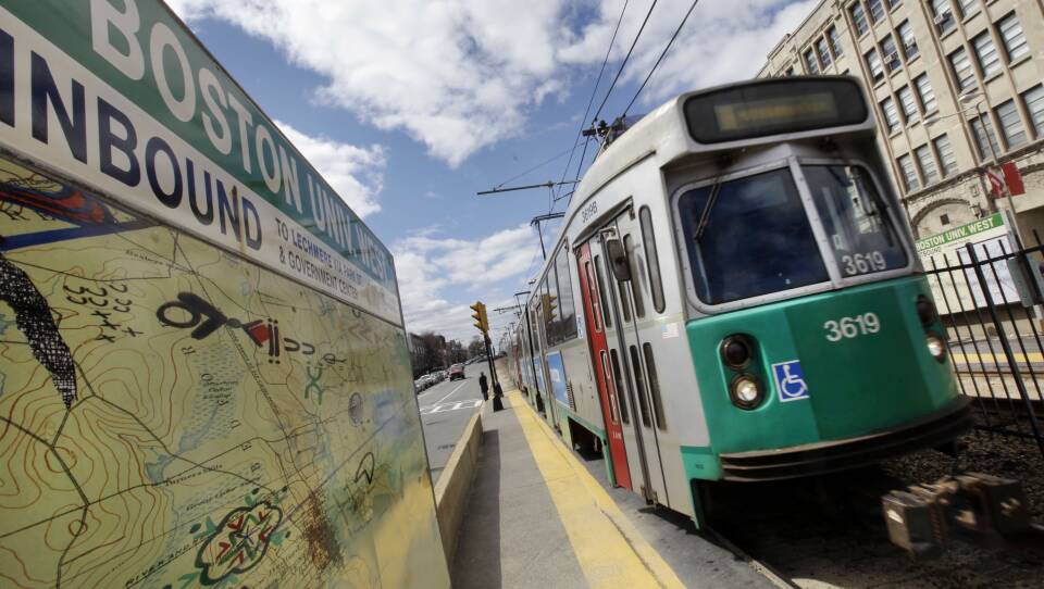 A Green Line train stops at the Boston University station.
