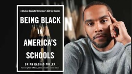 Black man in grey sweater headshot next to his book cover