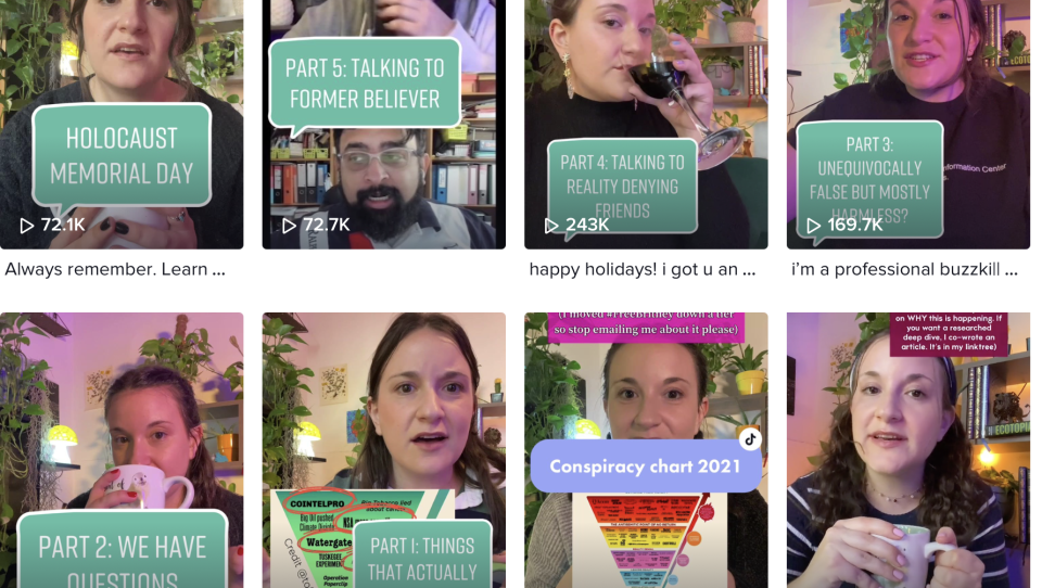 Eight TikTok videos show a woman with speech bubbles about disinformation