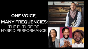 ONE VOICE, MANY FREQUENCIES: THE FUTURE OF HYBRID PERFORMANCE event graphic is seen with photos of Ahamefule J. Oluo, Tim Hall, Amanda Shea, Cliff Notez 