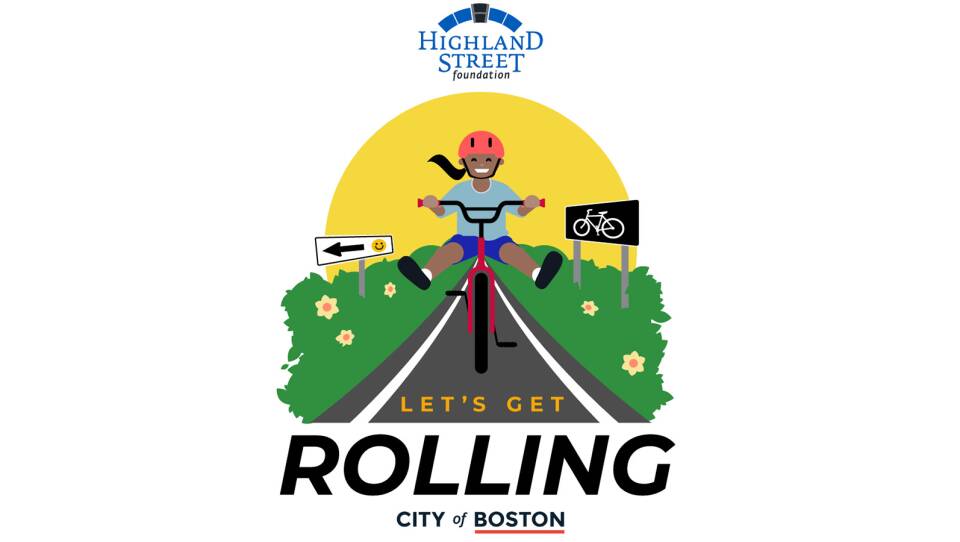 An illustration of a child on a bike with the words "Let's Get Rolling."