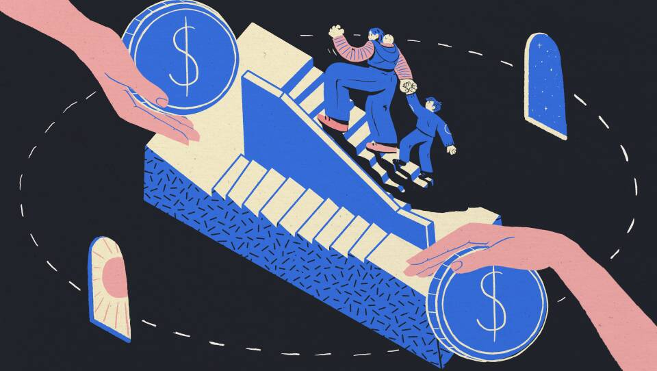 Woman and her children circle the Penrose stairs of funding.