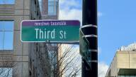 A street sign attached to a post says "Third St" and, above it, "neeshwe taoomaok"