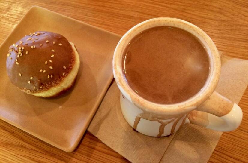 Sesame caramel hot chocolate and brown butter tahini donut from Sofra.