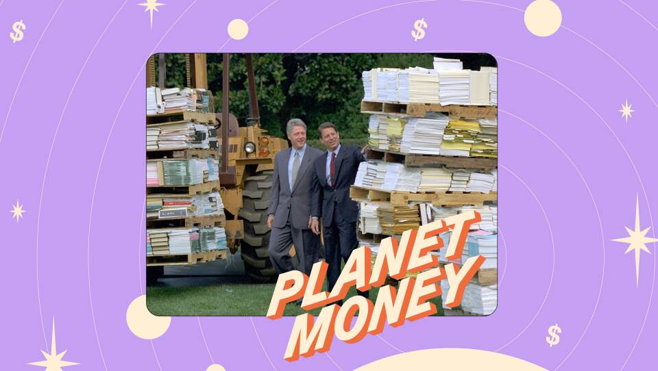 FILE - President Bill Clinton, left, and Vice President Al Gore walk past two forklifts carrying reams of federal rules and regulations prior to making their reinventing government announcement, Sept. 7, 1993, at the White House in Washington.