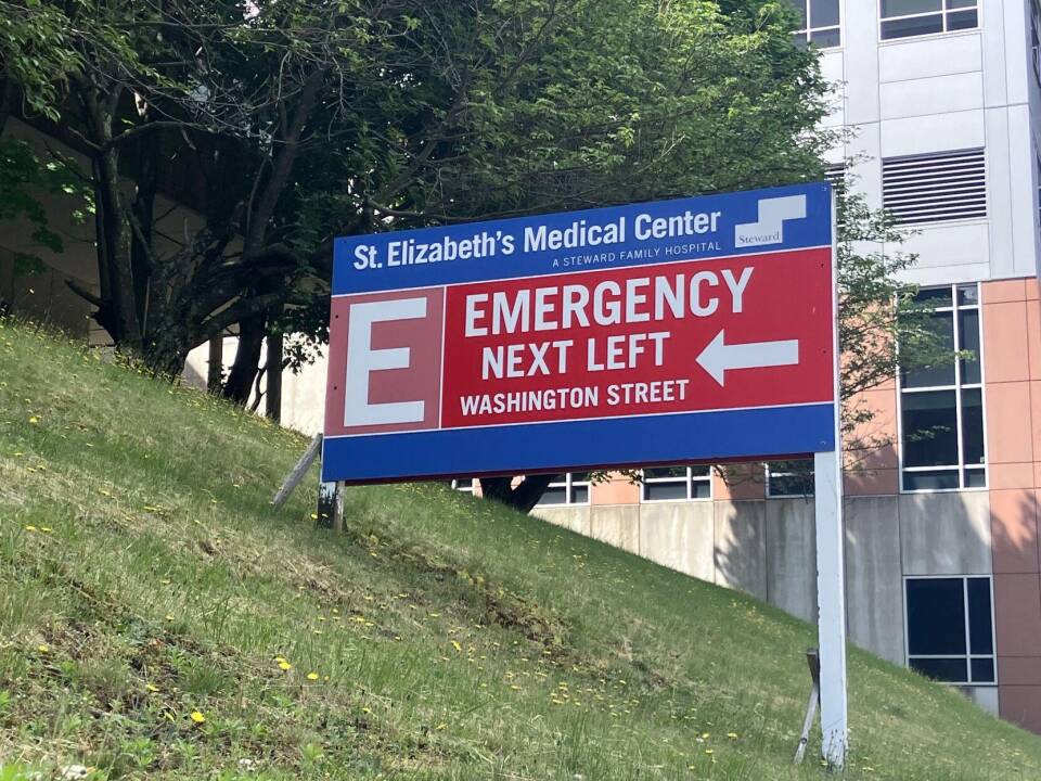 A sign points passersby to the emergency room at St. Elizabeth's Medical Center