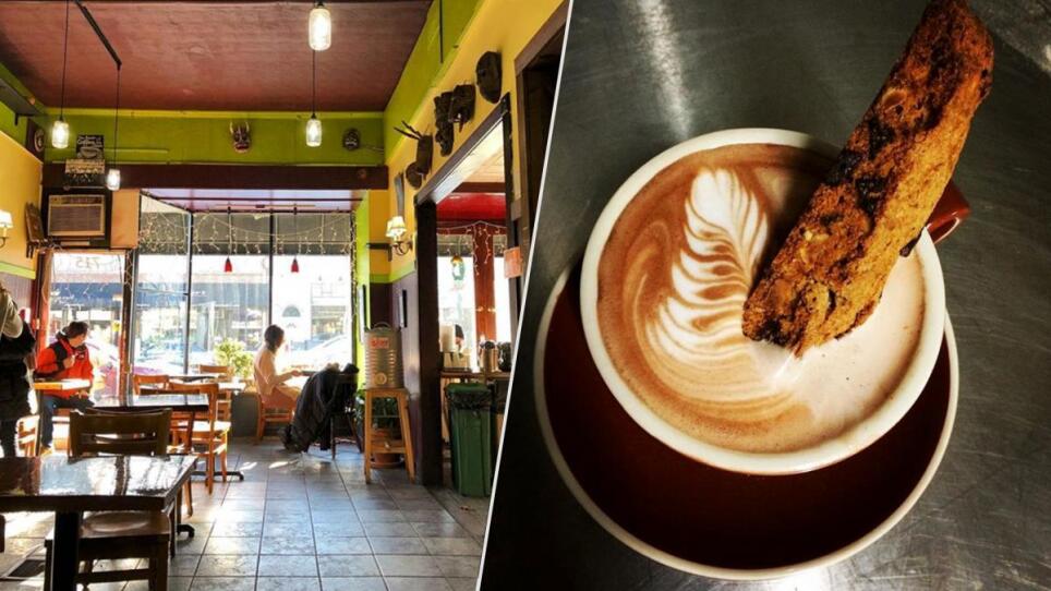 Left: True Grounds interior. Right: biscotti dipped into a latte.