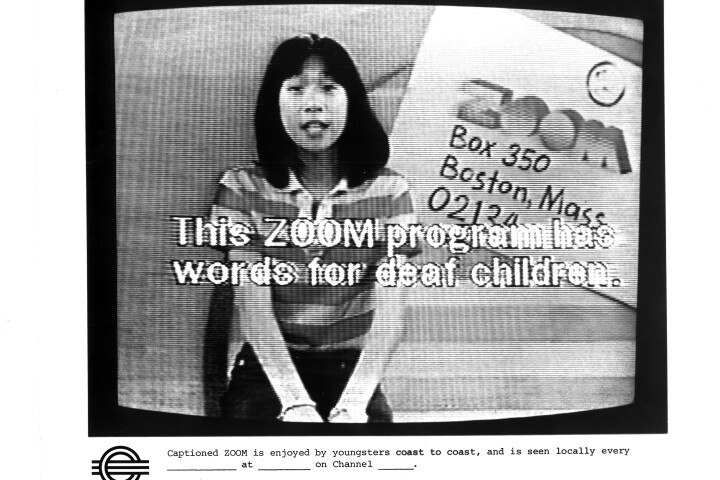 On a grainy, black and white television screen, a young girl in a striped shirt addresses the camera. Beside her is a graphic of a postcard addressed to: “ZOOM, Box 350, Boston Mass 02134.”