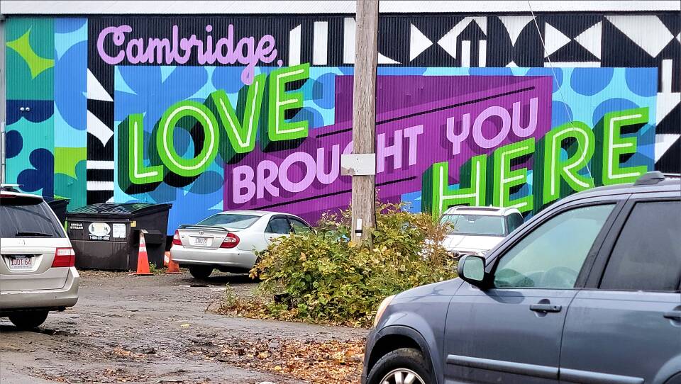 A colorful mural on the side of a building reads "Cambridge Love Brought You Here" in large green and purple letters