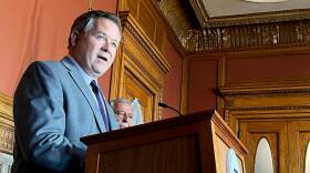 A white man wearing a gray suit talks into a microphone mounted on a wooden lectern.