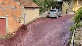 A "river of wine" cascaded down the streets of a small town in Portugal, after two large tanks ruptured at a nearby distillery.