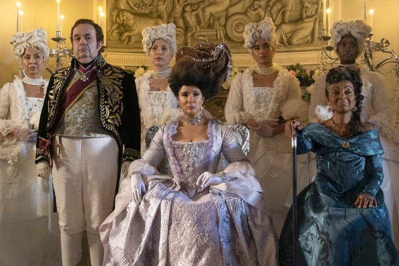 Hugh Sachs as Brimsley, Golda Rosheuvel as Queen Charlotte, Adjoa Andoh as Lady Agatha Danbury in episode 302 of Bridgerton.