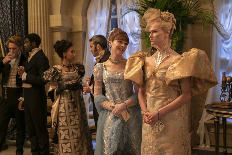 Claudia Jessie as Eloise Bridgerton, Jessica Madsen as Cressida Cowper in episode 303 of Bridgerton.