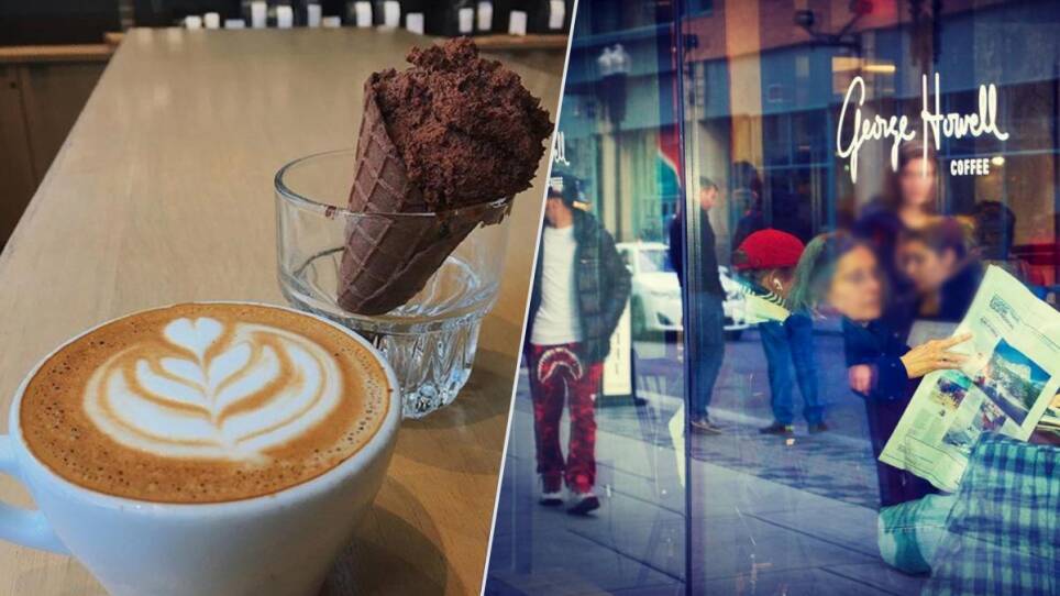 Left: George Howell's Chocolate Mousse Cone and a latte. Right: George Howell Coffee from the street.