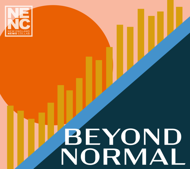 An illustration of a large, dark orange sun behind a bar graph of ever-increasing values. The text says "Beyond Normal"