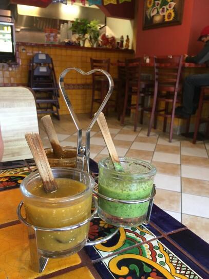 The homemade sauce caddy at Jalisco's.