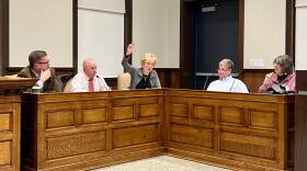  Members of the Nuclear Decommissioning Citizens Advisory Panel discuss the future of the Pilgrim Nuclear Power Station at a meeting in Plymouth, Nov. 27, 2023. From left: Jack Priest of the Massachusetts Department of Public Health, Seth Pickering of the Massachusetts Department of Environmental Protection, Mary Lampert of Pilgrim Watch, Andrew Gottlieb of the Association to Preserve Cape Cod, and Plymouth resident and activist Henrietta Cosentino.