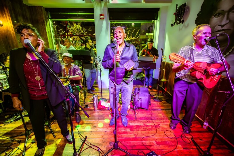 A band on stage plays.