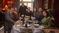 Shown from left to right: Tristan Farnon (Callum Woodhouse), Mrs. Hall (Anna Madeley), Richard Alderson (Tony Pitts), Siegfried Farnon (Samuel West), Jenny Alderson (Imogen Clawson) James Herriot (Nicholas Ralph), Helen Herriot (Rachel Shenton)
