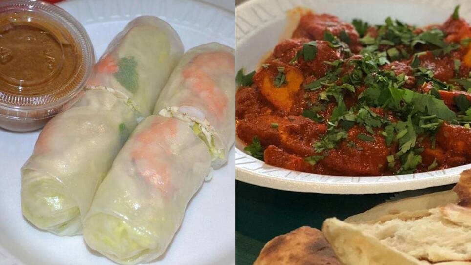 The shrimp and chicken summer rolls from Pho Viets, and butter chicken with naan from JMP Cuisine.