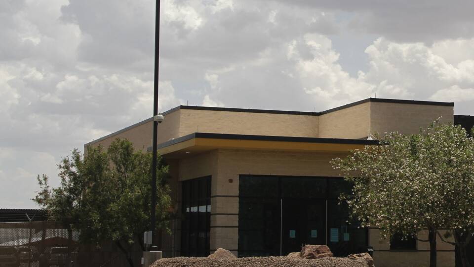 The entrance to the Border Patrol station in Clint, Texas, where reporters were given a tour following outrage over reports of unsanitary detention conditions for migrant children being housed at the Border Patrol facility near El Paso.
