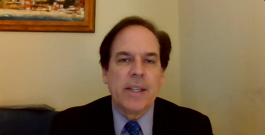 A man in a suit and tie speaks during a webinar. He's in a room with tan walls and the corner of a painting is visible above him.