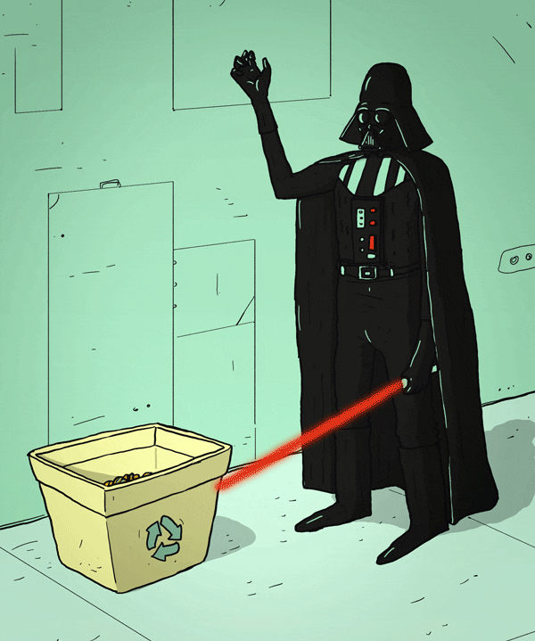 Darth vader force crumples a can and drops it in a recycle bin.