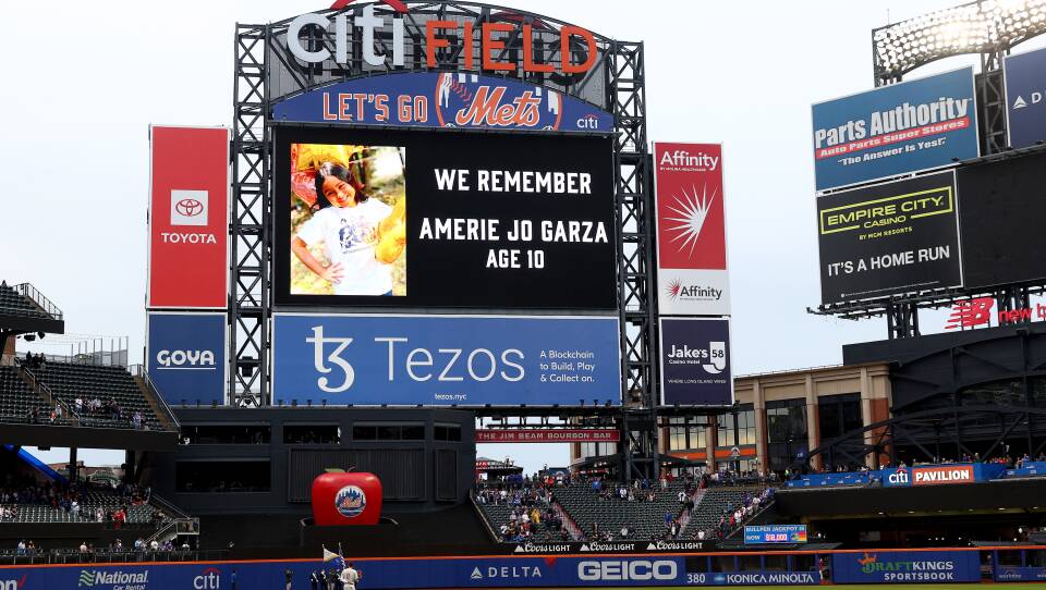 Amerie Jo Garza's name is displayed before the game between the New York Mets and the Philadelphia Phillies at Citi Field on May 27, 2022 in the Queens borough of New York City.