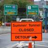 A sign warns of the detour
