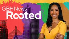 Rooted - Logo - Email showing host Paris Alston wearing a yellow shirt standing in front of a stylized skyline of Boston, with the words GBH News Rooted written over the skyline.