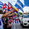 A crowd of people line the sidewalk waving colorful flags as cars slowly parade past.
