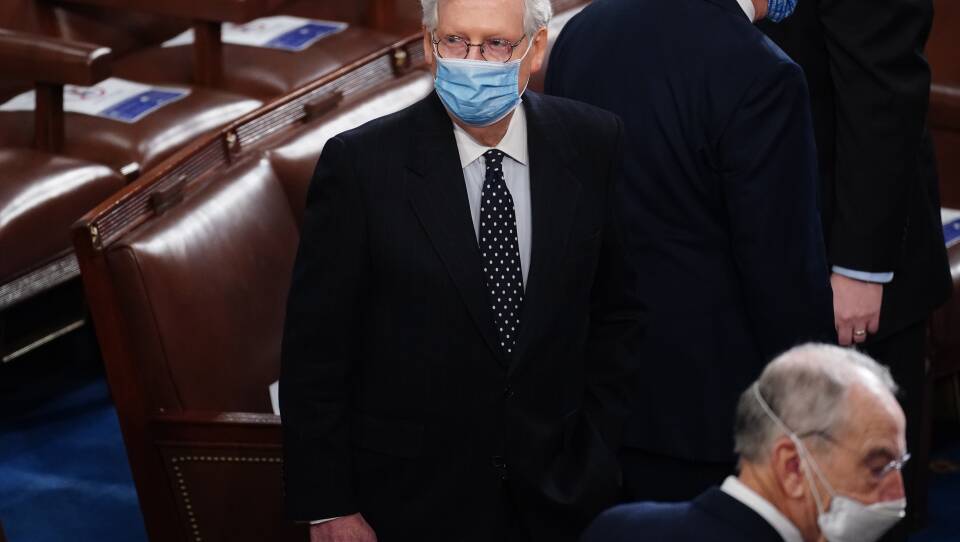Senate Majority Leader Mitch McConnell arrives Wednesday for the Electoral College vote certification for President-elect Joe Biden, during a joint session of Congress.