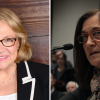 Two side by side photos. One is a headshot of a woman in a blazer. The other is a photo of a woman testifying into a microphone.