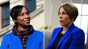 Side-by-side photos show portraits of two women, each in blue blazers.