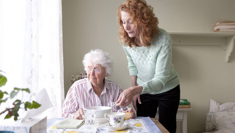 Woman feeding mother at table