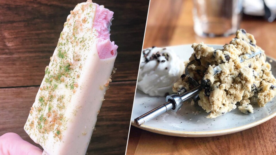 Left: The white chocolate rhubarb DONKsicle with puffed quinoa // Right: Chocolate chip cookie dough with milk espuma and cocoa nibs