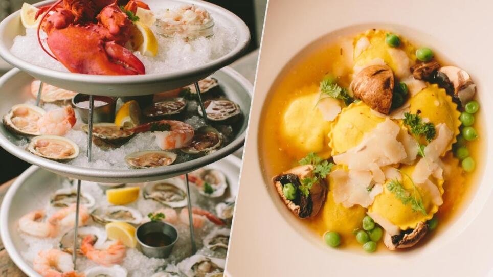 (left) Seafood Tower with mignonette and bloody Mary cocktail sauce. (right) Sweet pea and saffron ravioli with mushroom and parmesan broth.