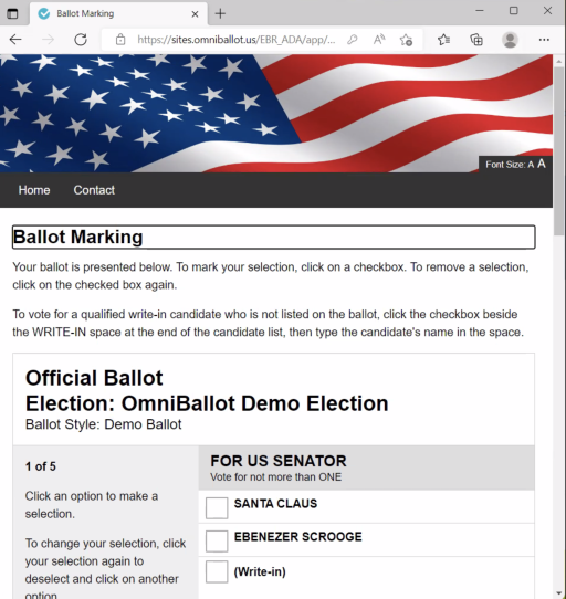 A webpage with an American flag banner and a ballot below. It reads “Your ballot is presented below” and details how to vote using the electronic ballot. Underneath, the choice to choose a candidate in an example race is shown: “For US Senator, Santa Claus, Ebenezer Scrooge or Write-In”