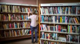 A person peruses library shelves.