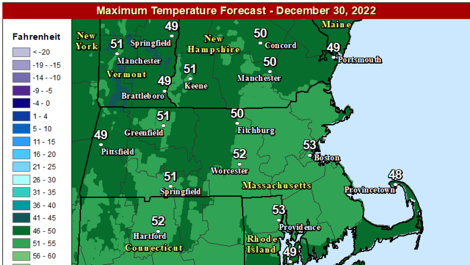 A temperature map of Massachusetts showing highs in the 50s on Dec. 30, 2022