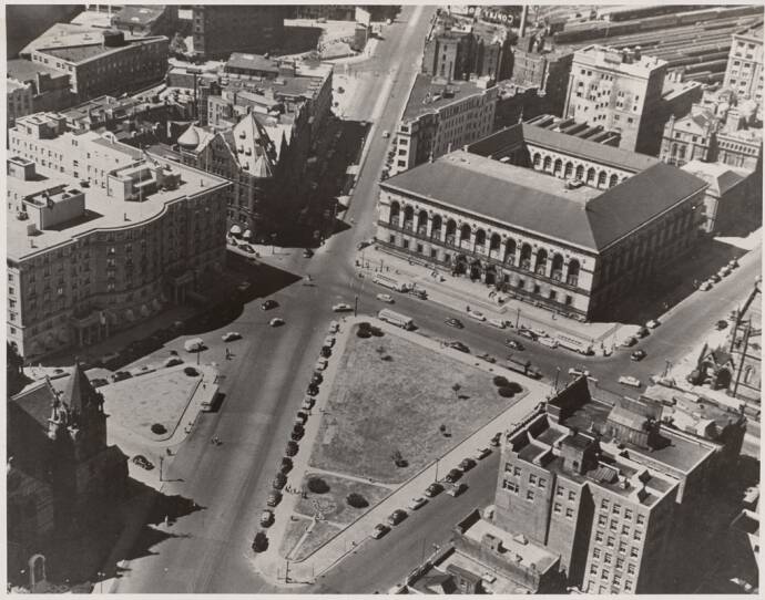 For much of the 20th Century, Huntington Avenue bisected Copley Square diagnoally.