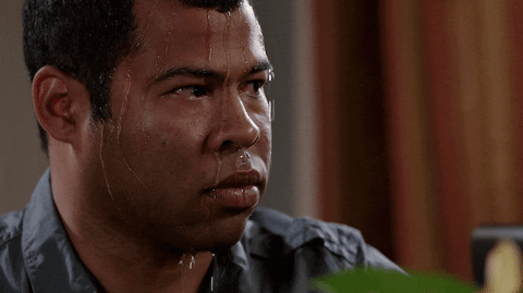A man sweats a comical amount