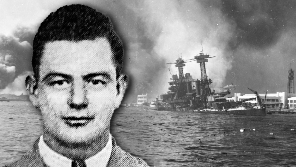A sailor's head is imposed over a photo of the sinking USS Christopher.