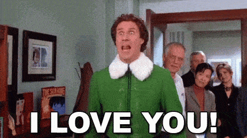 A man in an elf costume excitedly yells "I love you! I love you! I LOOOOOVE YOOOOOU!"