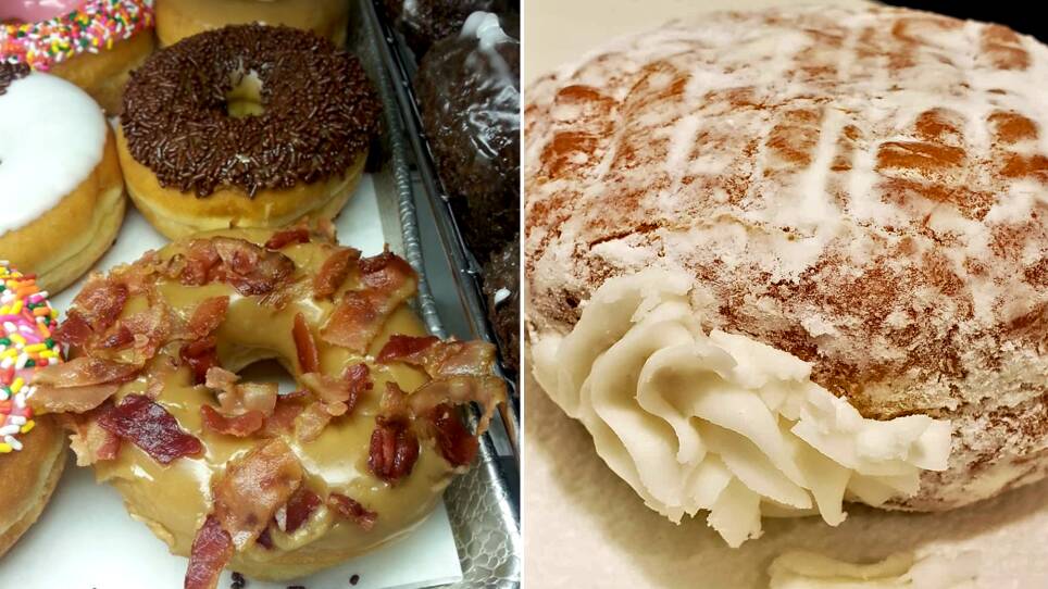 left: Doughboy's Maple Bacon Donut in the foreground. right: The Vanilla Cream Donut