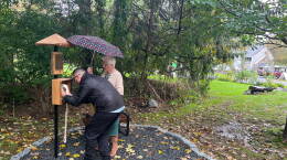 Jacob Shannon (left) and Lynda Shannon Bluestein set up a "wind phone" 